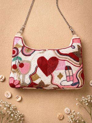 Heart and Lipstick Beaded Shoulder Bag