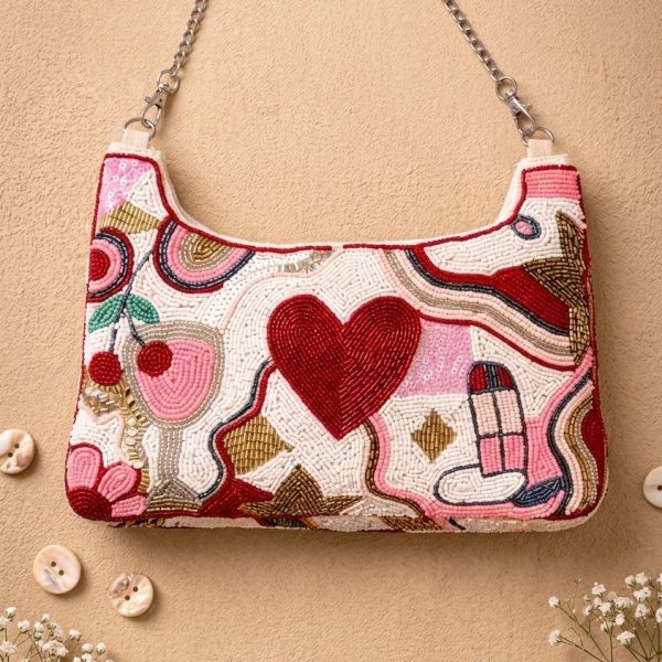 Heart and Lipstick Beaded Shoulder Bag