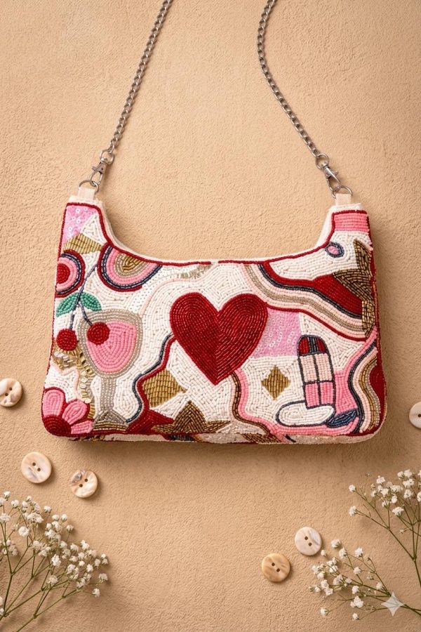Heart and Lipstick Beaded Shoulder Bag
