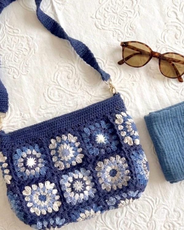 Navy Crochet Granny Square Shoulder Bag