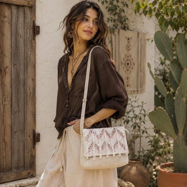 Beige Beaded Fringe Crossbody Bag