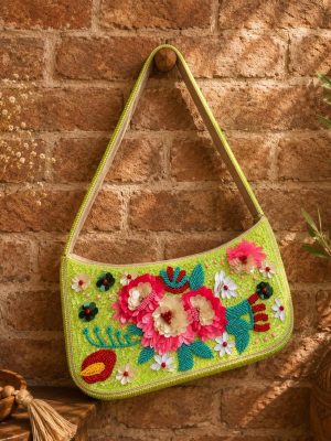 Green Floral Beaded Shoulder Bag