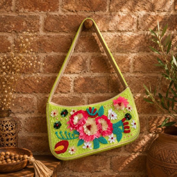 Green Floral Beaded Shoulder Bag