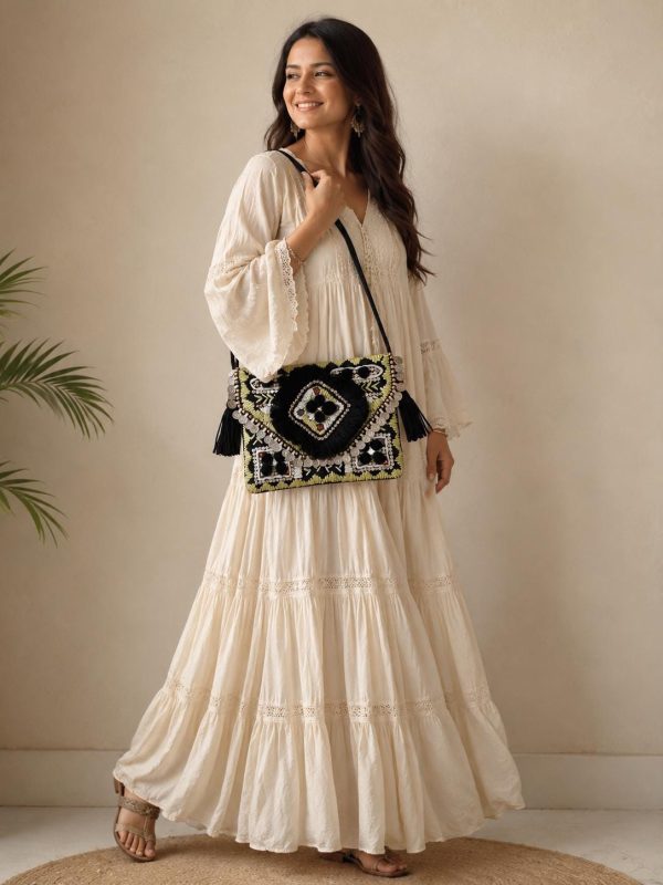 Black Embroidered Tassel Clutch Bag