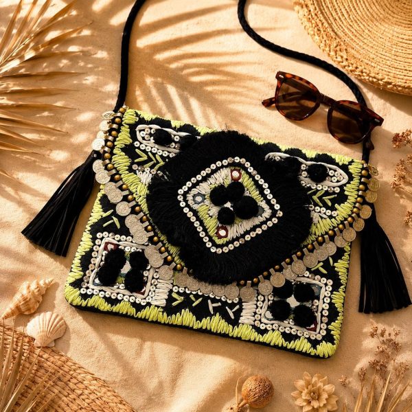 Black Embroidered Tassel Clutch Bag