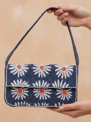 Navy Daisy Beaded Shoulder Bag