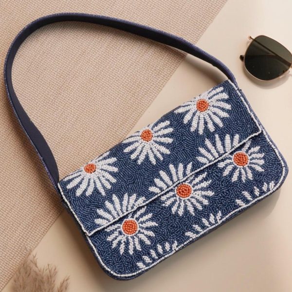 Navy Daisy Beaded Shoulder Bag