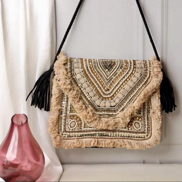 Beige Beaded Fringe Shoulder Bag